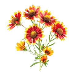 A realistic gaillardia with bright red and yellow flowers, isolated on a white background