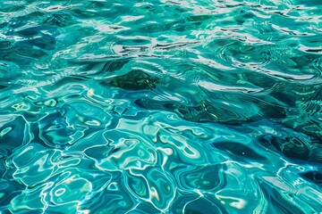 Closeup top view of a vibrant turquoise water surface, rippling gently, perfect for a serene and...