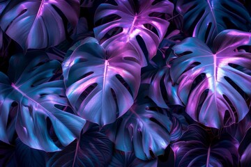 Artistic display of tropical leaves with neon violet lighting effects, creating a dreamlike botanical scene with plenty of space for text