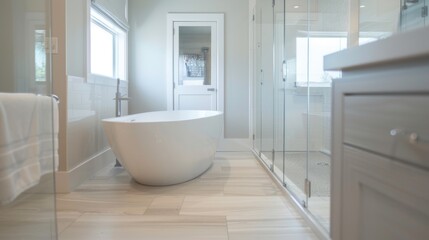 Close-up of a minimalist bathroom with clean lines, a freestanding bathtub, and a glass-enclosed shower, embodying simplicity and sophistication.