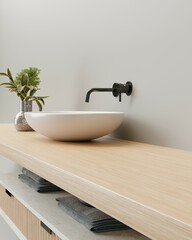 Bright light grey and wood Minimal Contemporary Bathroom Interior background with sink and empty space for Cosmetic product display. Elegant 3d render illustration.