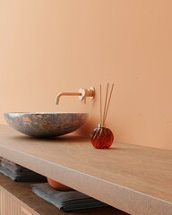 Color of the year. Trendy Peach Fuzz Bathroom Interior background with marble sink and golden details. Empty wooden shelf for Cosmetic product display. Minimal 3D render illustration.