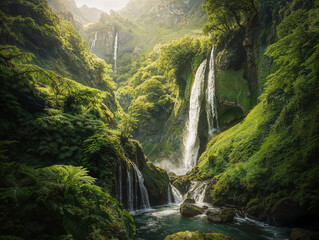 A breathtaking waterfall cascades down the lush green mountains, This is A stunning photograph of the majestic waterfalls, surrounded by dense forests and vibrant wildlife.