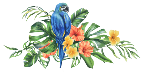 Tropical palm leaves, monstera and flowers of plumeria, hibiscus, bright juicy with blue-yellow macaw parrot. Hand drawn watercolor botanical illustration. Composition isolated from the background