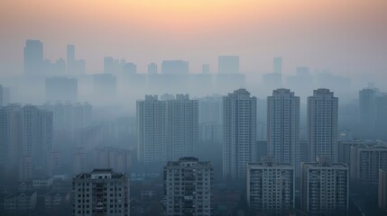 Image of a city skyline blanketed in smog, with poor air quality and obscured buildings