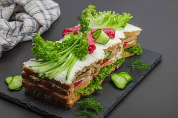 Swedish sandwich cake Smorgastarta. Traditional served cold snack, ready to eat