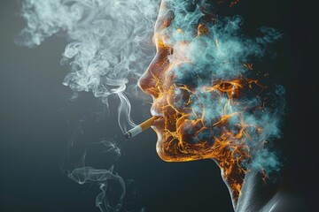 Conceptual image of a man smoking a cigarette in the smoke