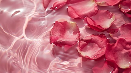 Rose petals floating on the surface of the water, pink background, place for text in the center.