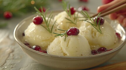   A bowl full of creamy ice cream topped with juicy cranberries and fresh greenery - Powered by Adobe