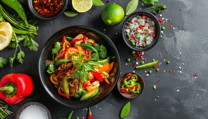 Top view of Pad Pak Ruam a vegetarian Thai dish consisting of a variety of vegetables and sauces served in a black bowl