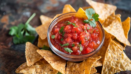 Top view of salsa sauce in a glass bowl with tortilla chips - Powered by Adobe