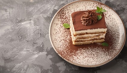 Top view of Tiramisu cake on a plate with chocolate decoration and grey stone background - Powered by Adobe