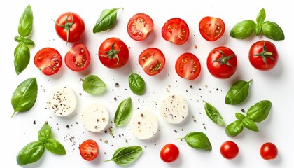 Top view of tomatoes basil and Mozzarella on white background