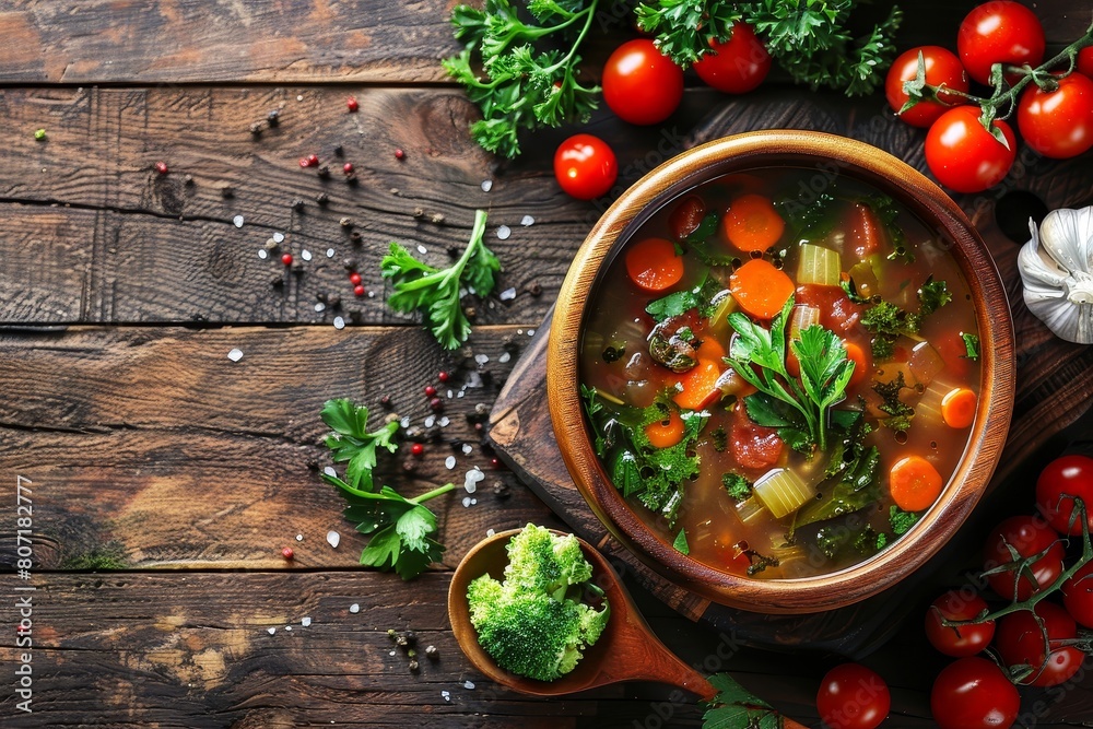 Poster Top view of vegetable soup in a wooden bowl