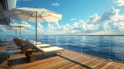 Fototapeta premium Close-up of a modern cruise ship deck with sun loungers and umbrellas, inviting passengers to relax and enjoy panoramic views of the ocean.