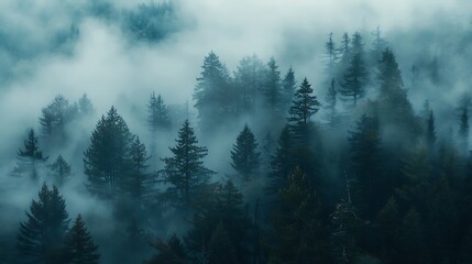 A dense fog rolling through a forest, shrouding the trees in mystery and creating an enchanting nature background.
