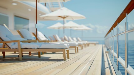 Fototapeta premium Close-up of a modern cruise ship deck with sun loungers and umbrellas, inviting passengers to relax and enjoy panoramic views of the ocean.