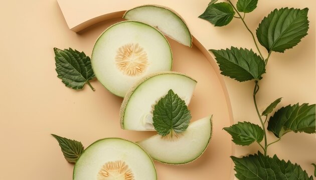 Top view of winter melon slices and leaf on beige podium Health benefits ad for winter melon product