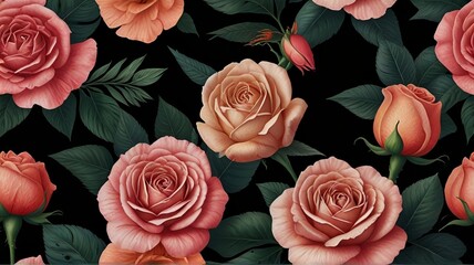 seamless floral pattern of roses on black background	