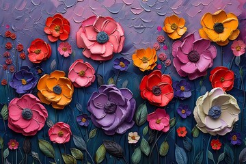 the textured layers and vibrant colors of a heavy impasto painting art piece featuring intricate flower relief