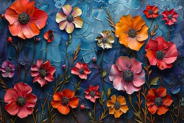 the textured layers and vibrant colors of a heavy impasto painting art piece featuring intricate flower relief
