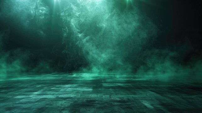 Mystical green smoke on a dark concrete floor. Abstract background concept for