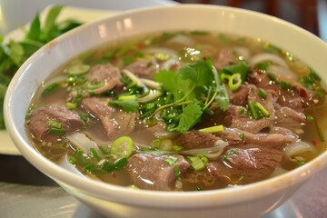 Traditional Vietnamese soup Pho Bo with beef and noodles
