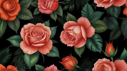 seamless floral pattern of roses on black background	