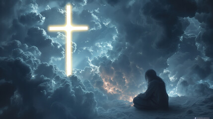 A person praying to god with a glowing cross