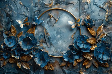 three panel wall art, golden ring with feathers and butterflies, blue gray color scheme, marble background - Powered by Adobe
