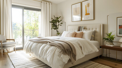 Modern bedroom design with a plush white bed, cozy decor, and natural light AI