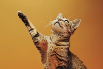 Portrait of a cute cat on a orange background,  Kitten is jumping
