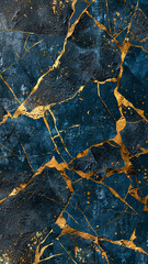 A blue and gold wall with cracks and splatters of paint