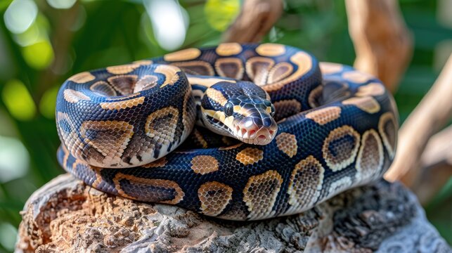 an Egyptian ball python as it gracefully coils on a rocky surface, its vibrant colors contrasting against the natural background, creating a striking wildlife portrait.