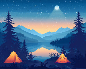 Wilderness adventure with a campsite beside a mountain lake, tents pitched under a starry sky, symbolizing peace and wild beauty3D vector illustrations