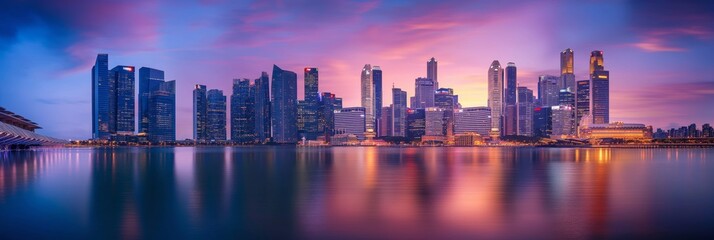 Naklejka premium This breathtaking image captures the vibrant colors of sunset reflecting off both the serene waters and the magnificent Singapore skyline It's a perfect fusion of nature and urban beauty