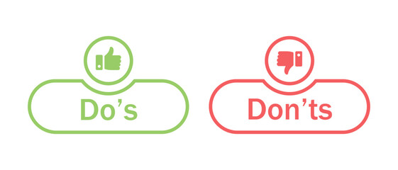 Do's and don'ts button icon with like and dislike symbol in green and red color stroke style. Do's and Don'ts buttons with thumbs up and thumbs down symbol. Check box icon with thumbs up and down sign