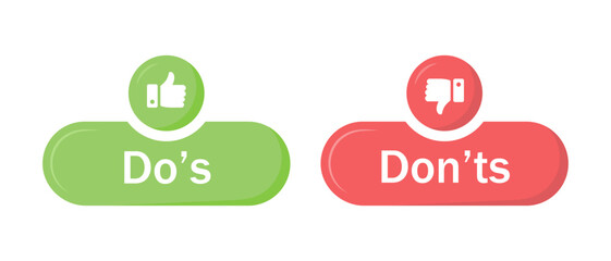 Do's and don'ts button icon with like and dislike symbol in green and red color. Do's and Don'ts buttons with thumbs up and thumbs down symbols. Check box icon with thumbs up and down sign. Vector