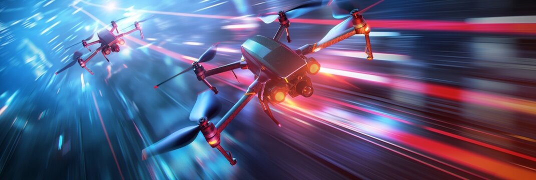 An exhilarating scene of high-speed drone racing enhanced by dynamic LED light trails, embodying technology, excitement, and competitive sport