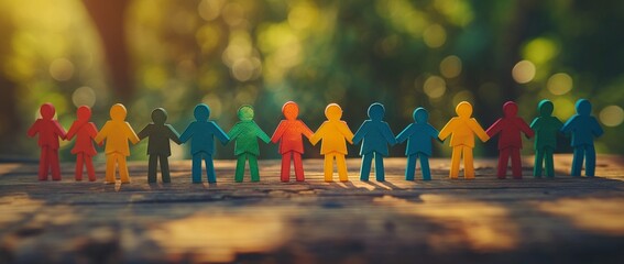 Paper figures representing the LGBT community stand aligned on a wooden surface, with a background intentionally blurred. The image conveys a sense of community and inclusivity, with room for addition