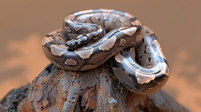 an Egyptian ball python as it gracefully coils on a rocky surface, its vibrant colors contrasting against the natural background, creating a striking wildlife portrait.