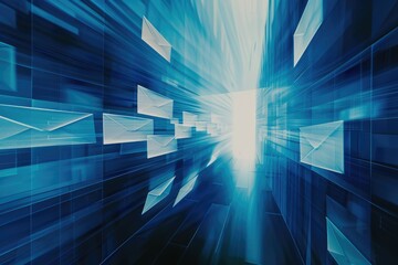 Panoramic view of a sleek, modern email interface rendered in various shades of blue, with smooth gradients ideal for technology business backgrounds