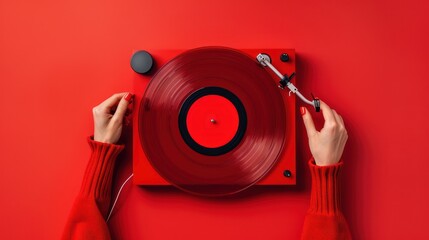 Close Up Female Hand Spinning Black Vinyl on Red Background, Top View