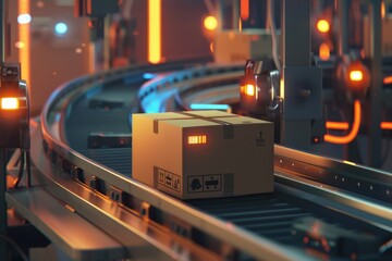 Animated sequence of a cardboard box traveling along a conveyor belt, tags fluttering and QR code scanning in action, great for educational content about modern logistics