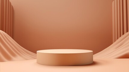 A large, round, orange pedestal is set in a room with a tan wall