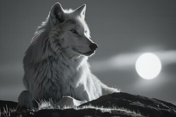 White wolf in the moonlight,  Black and white photo of the wolf