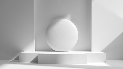 3D rendering of a white podium with a large white sphere on it
