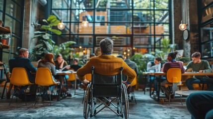 The disabled person in a wheelchair engage with their computer. working with team in office.