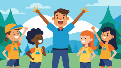 Camp counselors cheer on the kids from the sidelines providing encouragement and motivation.. Vector illustration