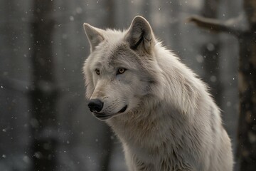 Portrait of a white wolf in the winter forest,  Snowfall